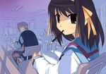  1girl blue_sailor_collar book brown_eyes brown_hair classroom hairband kita_high_school_uniform kyon looking_back mouth_hold piah sailor_collar school_uniform serafuku short_hair sitting suzumiya_haruhi suzumiya_haruhi_no_yuuutsu 