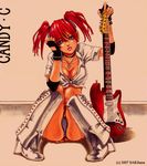  1girl bad_id bad_pixiv_id blue_eyes boots breasts candy_cane_(rumble_roses) cleavage guitar instrument jewelry large_breasts nabeya_sakihana necklace panties pantyshot plaid plaid_skirt red_hair rumble_roses sitting skirt sleeves_rolled_up solo traditional_media twintails underwear upskirt 