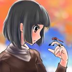  bad_id bad_pixiv_id black_hair brown_eyes bug copyright_request dragonfly hands insect short_hair solo ueda_torini 