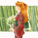  bamboo bamboo_forest blue_eyes fan forest japanese_clothes kimono long_hair nature neon_genesis_evangelion non-web_source paper_fan red_hair solo souryuu_asuka_langley uchiwa 