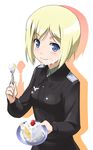  bad_id bad_pixiv_id blonde_hair blue_eyes cake commentary eating erica_hartmann food food_on_face messy pastry sexually_suggestive short_hair smile solo strike_witches suggestive_fluid world_witches_series youkan 