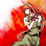 atoshi breasts gloves hat highres hong_meiling large_breasts long_hair red_eyes red_hair solo torn_clothes touhou very_long_hair 