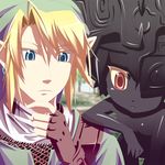  1girl blonde_hair blue_eyes earrings gloves imp jewelry link lowres midna nekoma_tagi pointy_ears red_eyes the_legend_of_zelda the_legend_of_zelda:_twilight_princess 