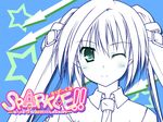  blue_background blush buckle green_eyes long_hair monochrome necktie one_eye_closed smile solo sparkle!! spot_color t-ray twintails wallpaper 