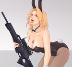  alva animal_ears between_breasts blonde_hair bow bowtie breasts bullet bunny_ears bunny_tail bunnysuit cleavage copyright_request cuffs gun heckler_&amp;_koch large_breasts necktie pantyhose rifle scope sl8 sniper_rifle solo tail tongue weapon 
