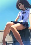  bad_id bad_pixiv_id barefoot brick_wall brown_hair day derivative_work legs long_hair looking_at_viewer original oryou school_uniform short_sleeves sitting skirt sky smile solo wall wind 