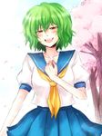  alternate_costume blush cherry_blossoms green_hair hand_on_own_chest happy kazami_yuuka mokku petals red_eyes school_uniform serafuku short_hair smile solo touhou 