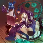  blonde_hair blue_eyes book boots cat demon floating hat kotetsu_motoya lantern long_hair original plant pumpkin sitting solo thigh_boots thighhighs wings witch witch_hat 