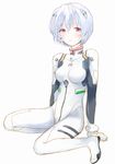  arm_support ayanami_rei bangs blue_hair blush bodysuit bracer from_side full_body gloves hair_between_eyes headgear looking_at_viewer neon_genesis_evangelion number parted_lips pilot_suit plugsuit red_eyes short_hair simple_background sitting sketch solo turtleneck white_background white_bodysuit yoshioka_mitsuko 