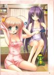  aqua_eyes barefoot blonde_hair blue_eyes blush hair_brush highres hinoue_itaru impossible_towel kamikita_komari little_busters! long_hair multiple_girls na-ga naked_towel one_eye_closed purple_hair sasasegawa_sasami short_hair smile towel very_long_hair 