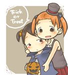  blush brown_eyes brown_hair fang hair_ribbon halloween hat ichigo_mashimaro itou_chika jack-o'-lantern matsuoka_miu mini_hat mini_top_hat multiple_girls orange_eyes orange_hair papiko pumpkin ribbon top_hat trick_or_treat twintails 