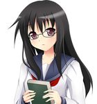  book copyright_request glasses long_hair narumi_yuu_(imitmoon) school_uniform serafuku solo 