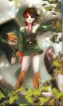  absurdres asuna_elmarit belt blurry brown_hair buckle depth_of_field ecole_du_ciel gundam highres leaf long_sleeves looking_at_viewer mikimoto_haruhiko military military_uniform no_pants outdoors outstretched_arm short_hair solo standing uniform 