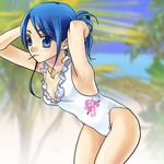  bent_over blue_eyes blue_hair kasaki_takao minazuki_karen one-piece_swimsuit precure solo swimsuit tying yes!_precure_5 