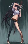  asymmetrical_clothes boots kanzaki_kaori legs long_hair midriff shirt single_pantsleg solo sword t-shirt to_aru_majutsu_no_index utu_(ldnsft) very_long_hair weapon 