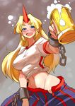  alcohol ario beer blonde_hair blue_eyes blush breasts chain cuffs drunk eyebrows groin horn hoshiguma_yuugi large_breasts long_hair midriff no_panties open_mouth skirt smile solo touhou 