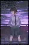  akizuki_ritsuko belt bird braid brown_hair dress_shirt glasses idolmaster idolmaster_(classic) idolmaster_1 inu_(aerodog) miniskirt necktie pleated_skirt ponytail school_uniform shirt short_hair skirt sky socks solo standing twin_braids 