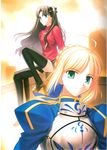  absurdres ahoge armor artoria_pendragon_(all) black_hair blonde_hair blue_eyes fate/stay_night fate_(series) green_eyes highres long_legs multiple_girls ribbon saber scan takeuchi_takashi thighhighs toosaka_rin 