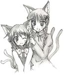  2girls alternate_hairstyle animal_ears bad_id bad_pixiv_id braid cat_ears cat_tail chen earrings eku fang graphite_(medium) greyscale hair_ribbon hairdressing hat jewelry kaenbyou_rin monochrome multiple_girls multiple_tails no_headwear one_eye_closed photoshop_(medium) ribbon short_hair sketch smile tail touhou traditional_media twin_braids 