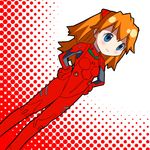  bangs blue_eyes blush bodysuit breasts dutch_angle from_side gloves hair_ornament halftone halftone_background hands_on_hips light_smile long_hair looking_to_the_side neon_genesis_evangelion number orange_hair pilot_suit plugsuit skinny small_breasts smile solo souryuu_asuka_langley standing turtleneck two_side_up 