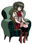  armchair artist_request book boots chair copyright_request easy_chair green_eyes lowres ponytail sitting solo 