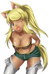  animal_ears beltbra blonde_hair blue_eyes breasts cleavage dark_skin denim denim_shorts extra_ears fang large_breasts liru ponytail renkin_san-kyuu_magical_pokaan shorts solo tail thighhighs wolf_ears wolf_girl wolf_tail yuuki1103 