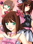  amami_haruka armpits backbeard bare_shoulders blush bow bowtie brown_hair collarbone cute_&amp;_girly_(idolmaster) dark_haruka dual_persona gegege_no_kitarou green_eyes idolmaster idolmaster_(classic) idolmaster_1 looking_at_viewer multiple_girls nonowa off_shoulder pink_bow pink_neckwear red_eyes ribi short_hair spaghetti_strap strap_slip tareme 