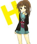  bad_id bad_pixiv_id brown_eyes brown_hair cardigan chonko genderswap genderswap_(mtf) kita_high_school_uniform kyon kyonko long_hair ponytail school_uniform serafuku solo suzumiya_haruhi_no_yuuutsu 