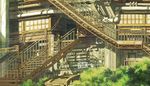  bad_id bad_pixiv_id bird bush jersey open_mouth original pipe scenery solo stairs standing sumashi window 