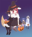  animal_ears ankle_boots bad_id bad_pixiv_id black_legwear boots broom broom_riding bunny_ears candy cat_ears cat_tail food ghost gradient gradient_background hat high_heels hood jack-o'-lantern japanese_clothes kimono mary_janes multiple_girls multiple_riders obi original pantyhose pumpkin purple_eyes purple_hair red_eyes red_hair ribbon sash shoes short_kimono short_yukata sidesaddle skirt striped striped_legwear tail thighhighs usashiro_mani witch_hat yukata 