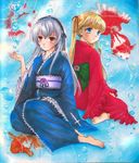  bad_id bad_pixiv_id barefoot bell blonde_hair blue_eyes bow fish frills gintarou_(puipuiginta) goldfish hairband japanese_clothes kimono long_hair multiple_girls red_eyes rozen_maiden shinku silver_hair sitting suigintou twintails water yukata 