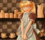  apron blue_eyes cup dress long_hair lowres maid neon_genesis_evangelion non-web_source pitcher red_hair smile solo souryuu_asuka_langley tray 