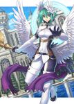  angel_wings blue_eyes boots green_hair head_wings low_wings outside_border ran'ou_(tamago_no_kimi) ruriel shinrabanshou short_hair solo staff thigh_boots thighhighs wings 