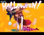  all_fours brown_hair ghost green_eyes halloween happy hat kara_(color) long_hair necktie original skirt solo striped striped_legwear thighhighs witch_hat 