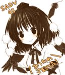  brown feathers hat looking_at_viewer monochrome shameimaru_aya smile solo touhou translated wings yukishiro_mafuyu 