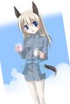  animal_ears blonde_hair blue_eyes blush cup eila_ilmatar_juutilainen pantyhose solo strike_witches white_legwear world_witches_series yoshizawa_hikoto 