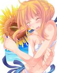  ahoge artoria_pendragon_(all) bikini blonde_hair closed_eyes fate/stay_night fate_(series) flower happy open_mouth ribbon saber shiranagi solo sunflower swimsuit 