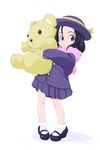  bobby_socks fedora full_body hat holding long_sleeves looking_at_viewer maki_daikichi miniskirt original pleated_skirt purple_skirt simple_background skirt socks solo standing stuffed_animal stuffed_toy teddy_bear white_background white_legwear 