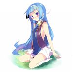  bangs blue_hair blunt_bangs blush kanikama kannagi long_hair nagi pleated_skirt purple_eyes skirt smile solo white_skirt 