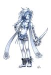  ankle_boots bare_shoulders belt belt_pouch bikini_top blue boots breasts cleavage closed_mouth detached_sleeves final_fantasy final_fantasy_x final_fantasy_x-2 fingerless_gloves gloves hair_bobbles hair_ornament hand_on_hip head_scarf holding holding_sword holding_weapon long_hair long_sleeves looking_at_viewer medium_breasts miniskirt monochrome navel no_socks pouch rikku simple_background skirt smile solo standing stomach sword tsurime warren weapon white_background 