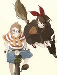  1girl bicycle black_cat bow broom broom_riding brown_eyes brown_hair cat glasses ground_vehicle hair_bow hairband jiji_(majo_no_takkyuubin) kiki majo_no_takkyuubin non-web_source riding tombo witch 