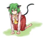  all_fours animal_ears ascot barefoot bell breasts cat_ears cleavage full_body green_hair kazami_yuuka kemonomimi_mode large_breasts mokku plaid plaid_skirt plaid_vest red_eyes short_hair skirt skirt_set solo tail touhou vest white_background 