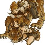  1girl animal bad_id bad_pixiv_id brother_and_sister claws hirasawa_geko holding kagamine_len kagamine_rin siblings tiger twins vocaloid 