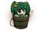  bucket food fruit green_eyes green_hair hair_bobbles hair_ornament holding holding_food holding_fruit in_bucket in_container kisume lowres short_twintails solo tomatomato_(tomato_kanzume) touhou twintails watermelon wooden_bucket 