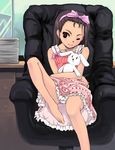  artist_request barefoot brown_eyes brown_hair chair doll feet idolmaster idolmaster_(classic) idolmaster_1 indoors legs long_hair minase_iori one_eye_closed panties solo underwear upskirt window 