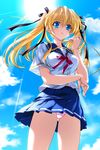  blonde_hair blue_eyes celes_alford cloud day game_cg hair_ribbon highres natsumegu panties pantyshot pink_panties ribbon school_uniform skirt sky solo sun tsukasa_yuuki twintails underwear upskirt 