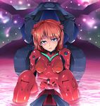  bangs blue_eyes blush bodysuit breasts cockpit fingers_together gloves hair_ornament kasai_shin knees_up lcl long_hair looking_at_viewer neon_genesis_evangelion number orange_hair parted_lips partially_submerged pilot_suit plugsuit sitting small_breasts solo souryuu_asuka_langley turtleneck water 
