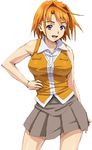  ahoge breasts large_breasts my-hime nigou oekaki orange_hair orange_shirt purple_eyes school_uniform shirt short_hair solo tokiha_mai 