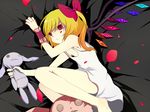  banned_artist bed blonde_hair bow doll flandre_scarlet hair_bow harano lingerie nightgown petals red_eyes ribbon side_ponytail solo touhou underwear wings 