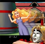  1girl bad_id bad_pixiv_id bakatono-sama black_eyes blonde_hair closed_eyes dress eliza_masters ending grin ken_masters lips lipstick long_hair makeup masao mask motion_blur parody pixel_art smile street_fighter tears translated 